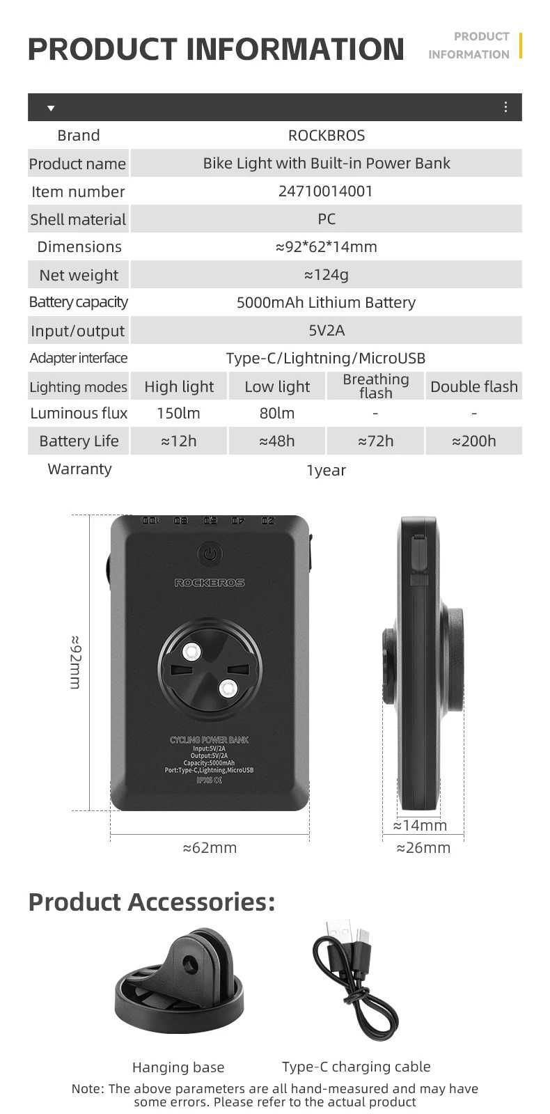 Acumulator 5000mAh lanterna bicicleta Tip-C Far gopro garmin far