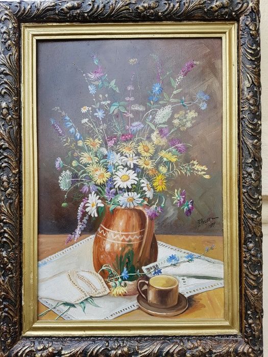 "Flori de câmp și-o cafea", tablou superb, ulei, Flesaru, cu ramă