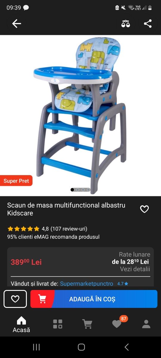 Scaun de masa multifunctional albastru Kidscare