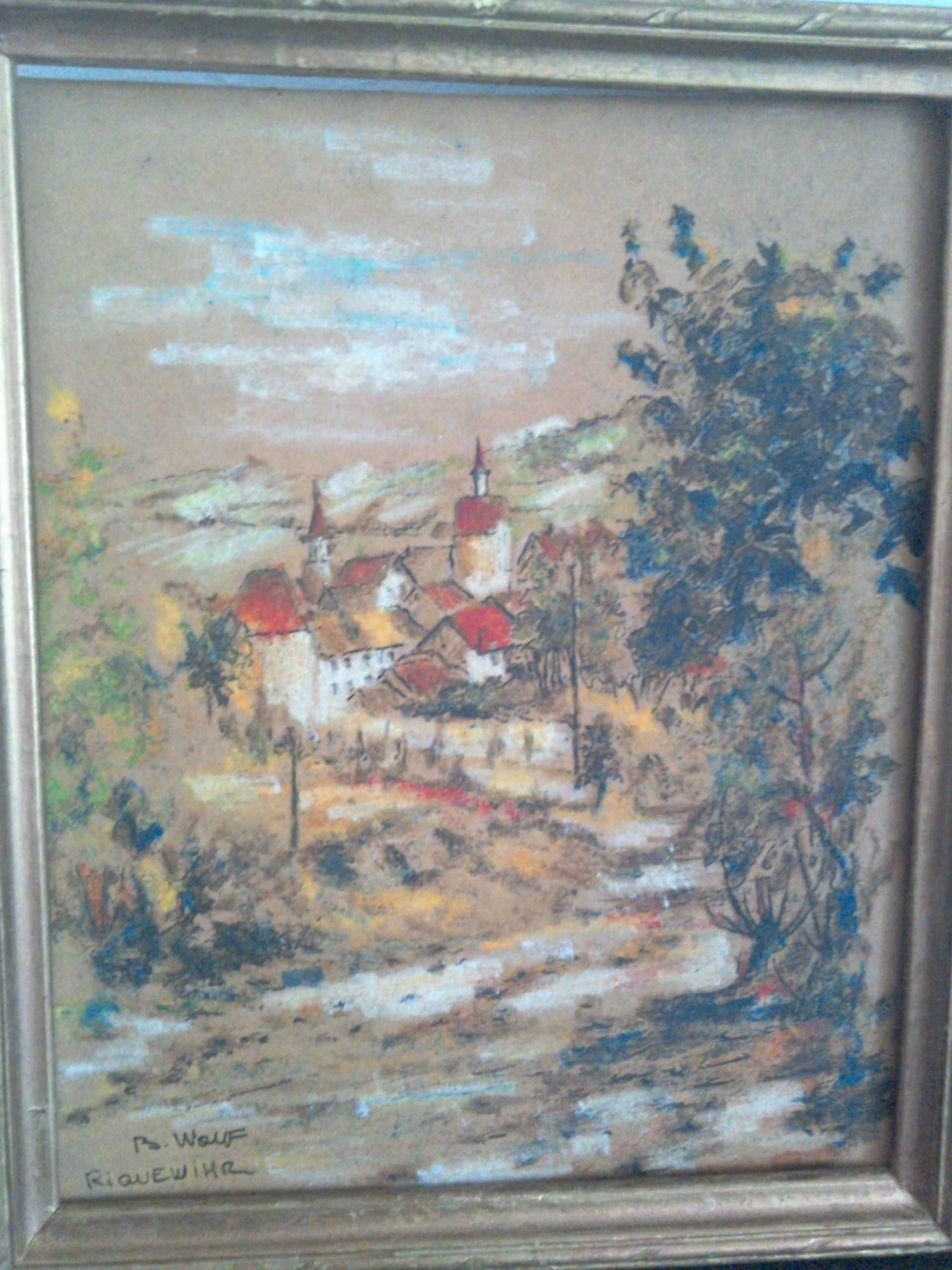 Tablou pictură veche tehnică mixtă, semnat B. Wolf, pastel, goașe, tuș