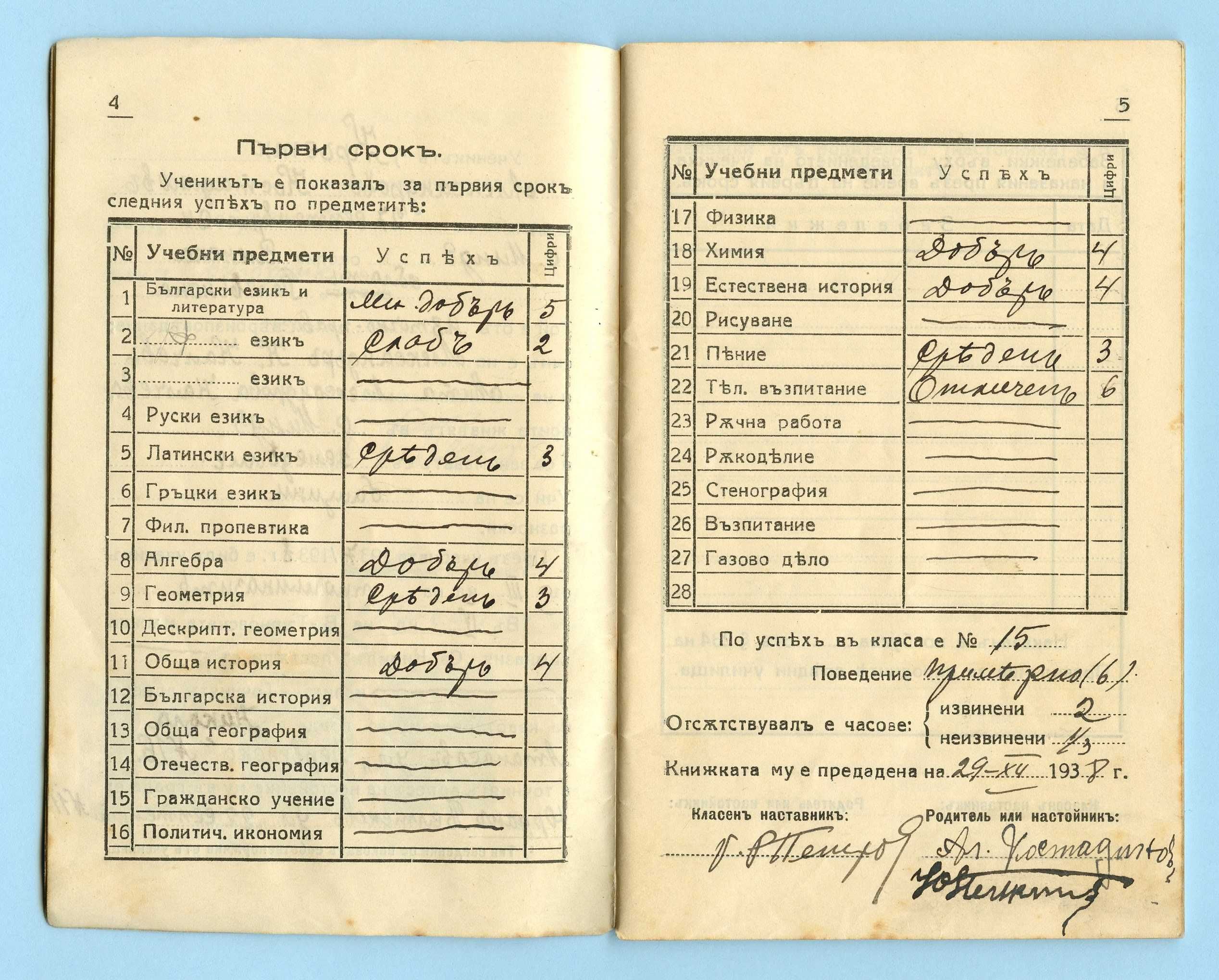 Стара ученическа книжка 1938