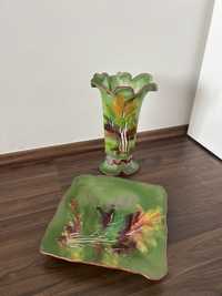 Set Vaza si Farfurie sticla verde pictata manual