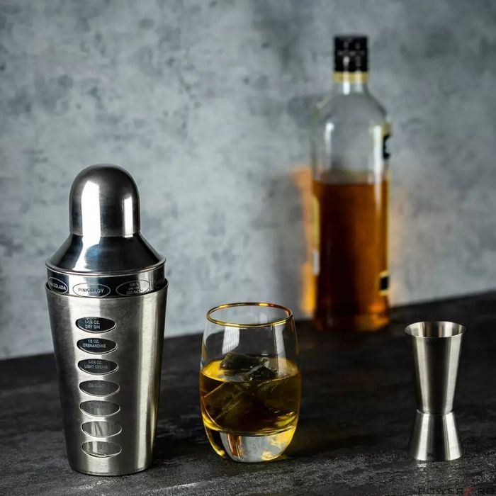 Shaker pentru bauturi si cockteil, 600ml, argintiu, cu retete, din
