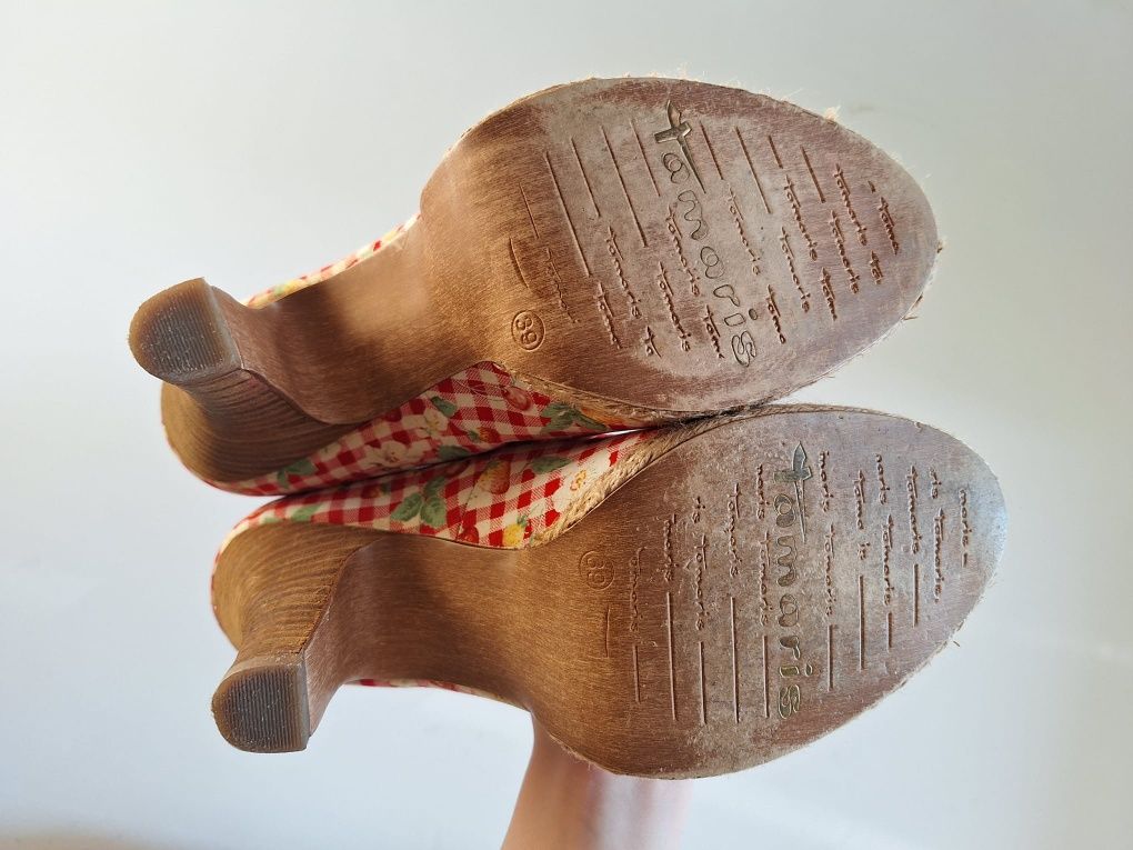 Pantofi Tamaris, nr. 39, peeptoe, vintage, pânză, talpă din lemn