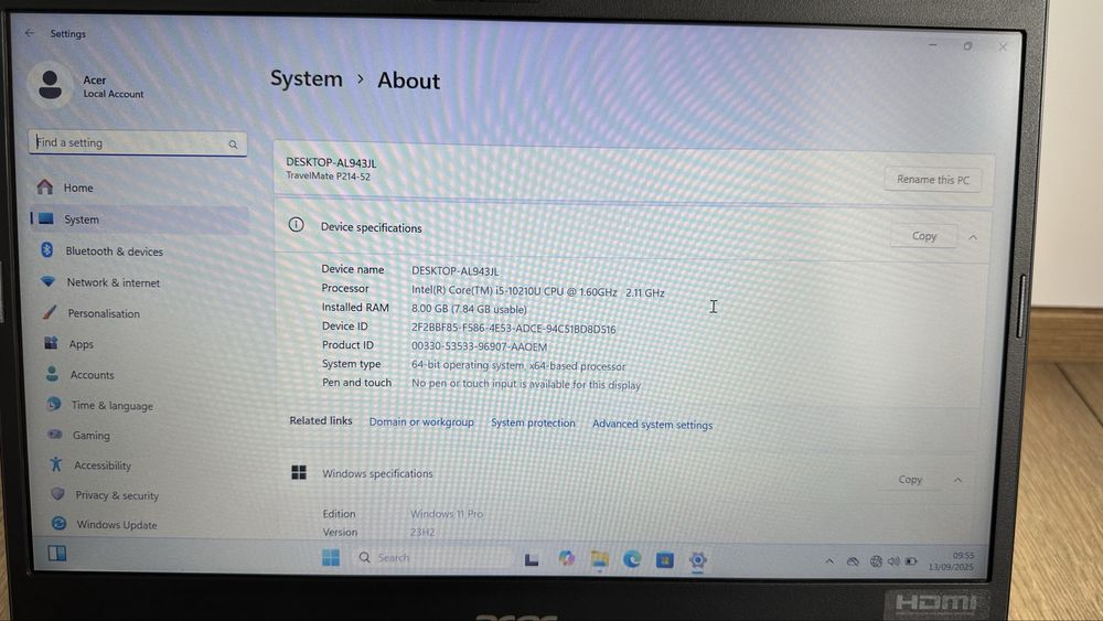 Лаптоп Acer TravelMate 14” FHD Intel i5-10th Gen 8GB RAM 256GB SSD