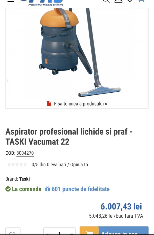 Aspirator profesional pentru lichid Taski Vacuumat 22 echipat complet