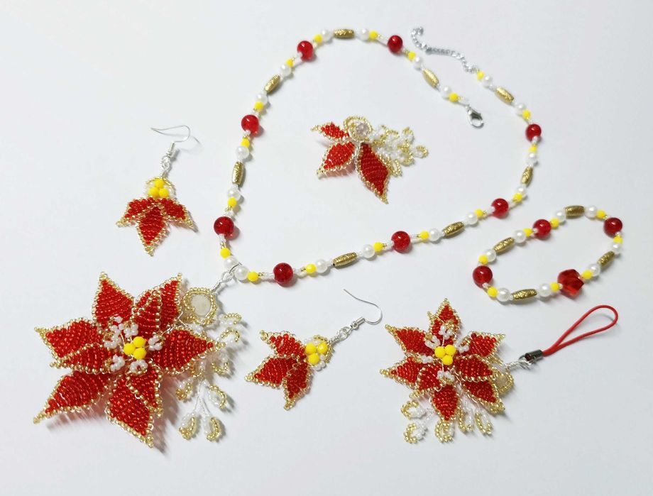 Reducere! Set unicat Craciunita rosu si auriu, floare Craciun, 5 piese