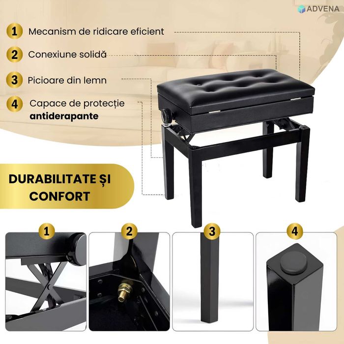 Scaun pian reglabil, sezut captust, inaltime 48-58 cm, piele naturala