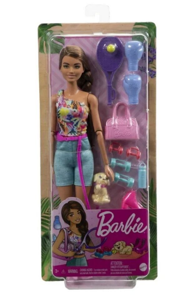 Barbie Self-Care Posable Doll, Brunette Workout Doll with Pet Puppy