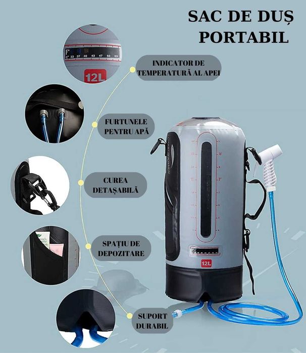 Sac de Dus Portabil pentru Camping, cu Popa de Picior, Rezervor 12 L