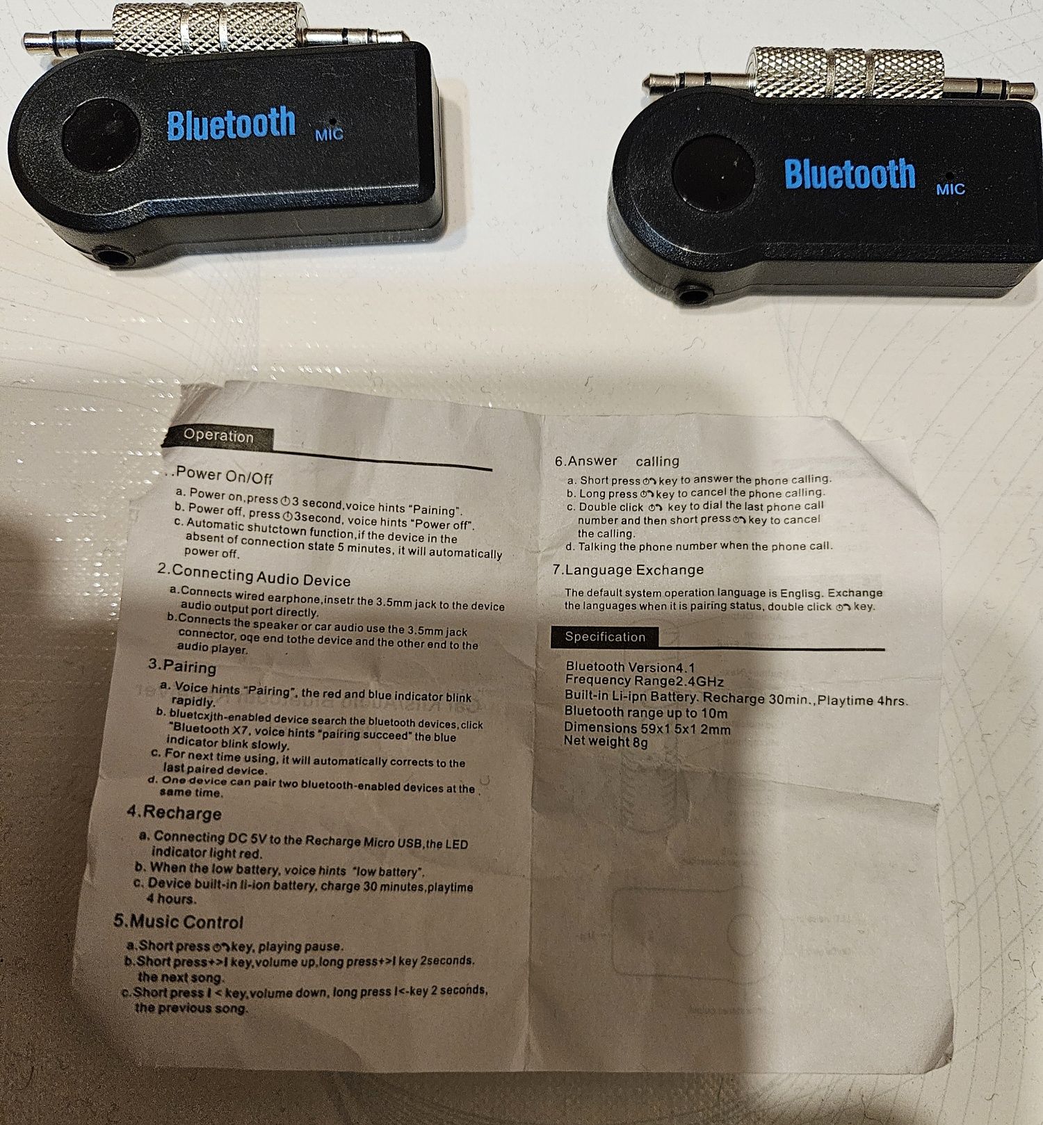 Receptor car kit auto stereo bluetooth 3.5mm aux, negru 60 2 buc.