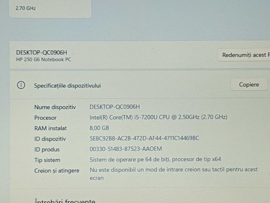 Laptop HP 250 G6, Intel Core i5-7200U, 8 gb ram ddr4 , ssd 256 gb