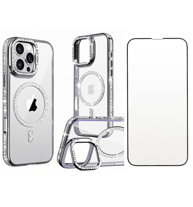 Iphone 15/16/PRO/MAX Husa Stand Glitter + Folie Sticla Full Space