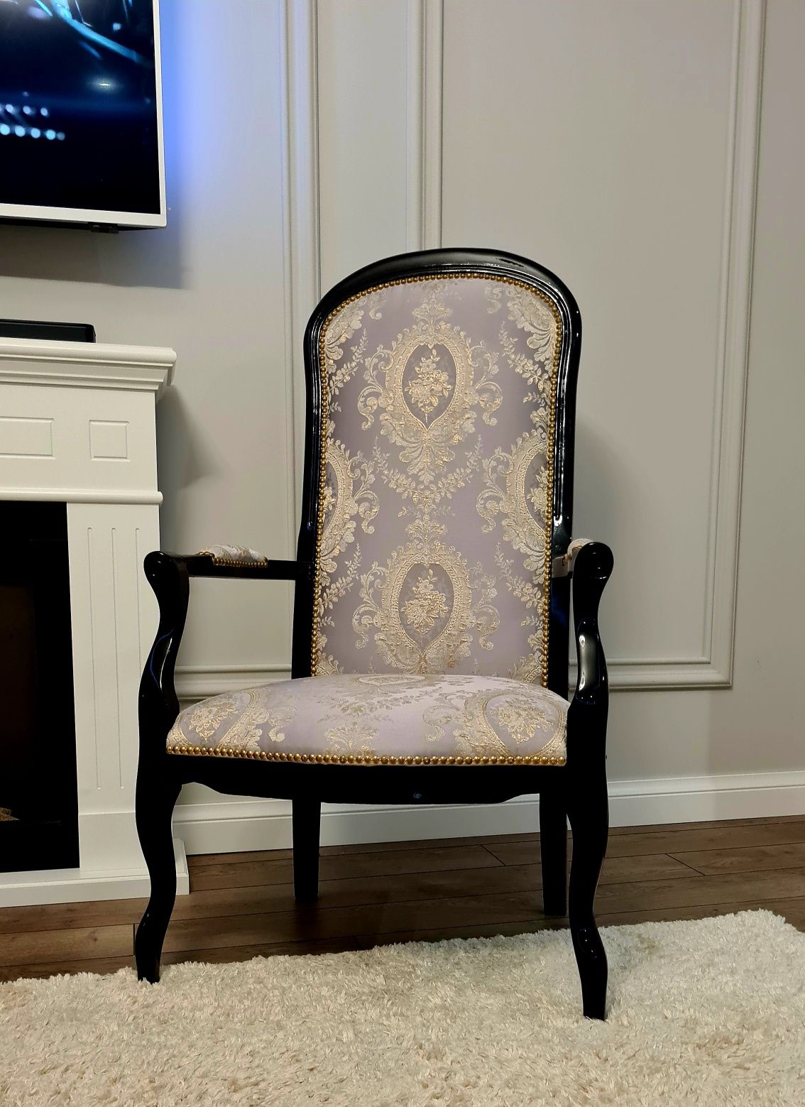 Fotoliu Voltaire (scaun, clasic, antic, lemn masiv, negru)