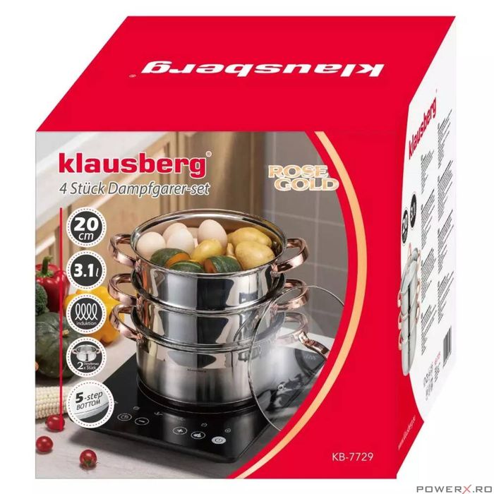 Set de 4 piese, oala pentru fiert cu abur, inox, diametru 20 cm,
