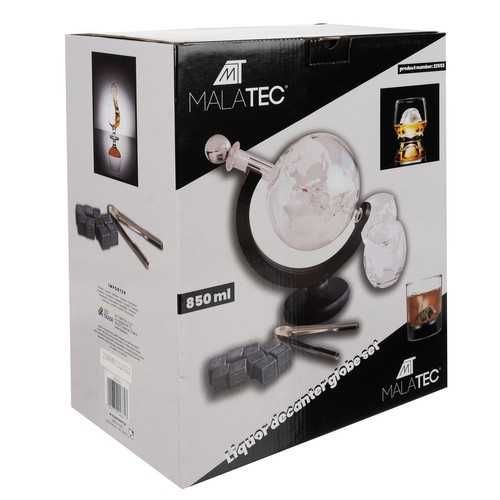 Комплект гарафи за уиски, гравиран глобус с чаши, със силует на кораб