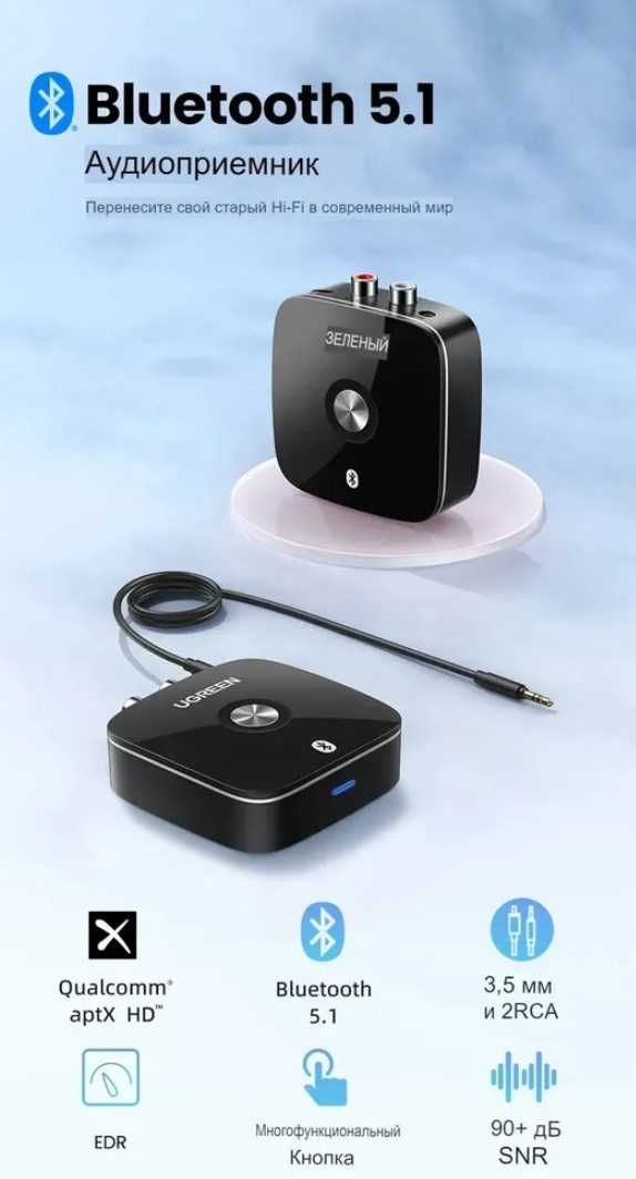 Bluetooth адаптер UGREEN приемник 5,1 для музыки, игр, автомобиля, ТВ
