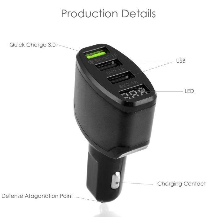 Incarcator auto rapid QC3+dual USB porturi (2.1A+2.1A), indicare volta