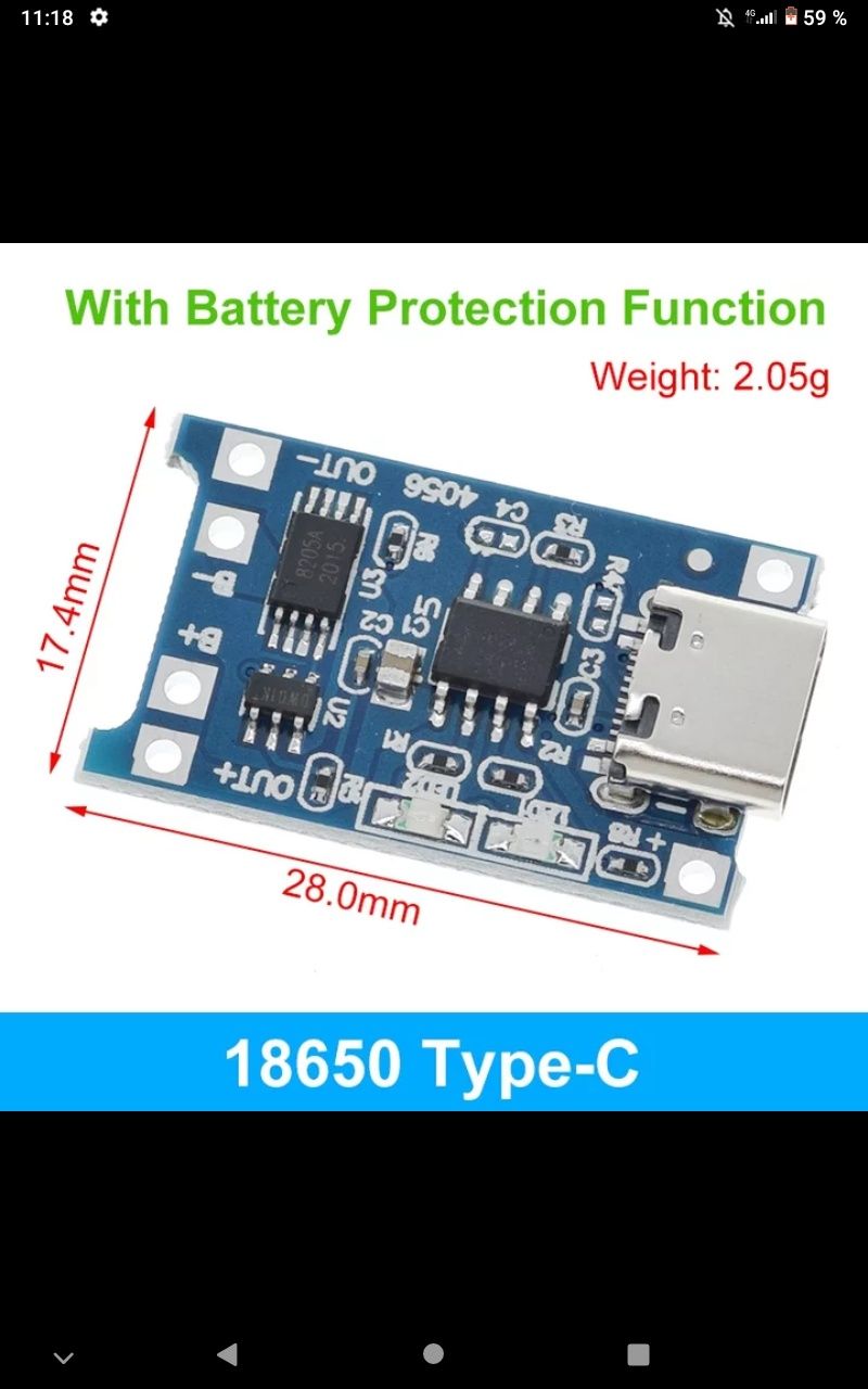 Зарядная плата TYPE-C USB, 5V, 1A, mikro 18650 ТР4056
