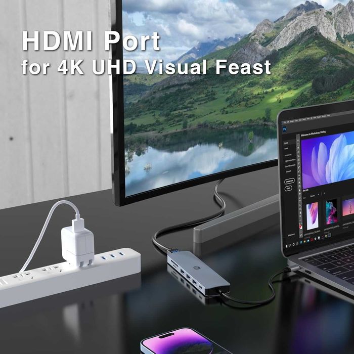 7-в-1 USB-C хъб с HDMI, USB-A,SD/TF и PD–универсален адаптер за лаптоп