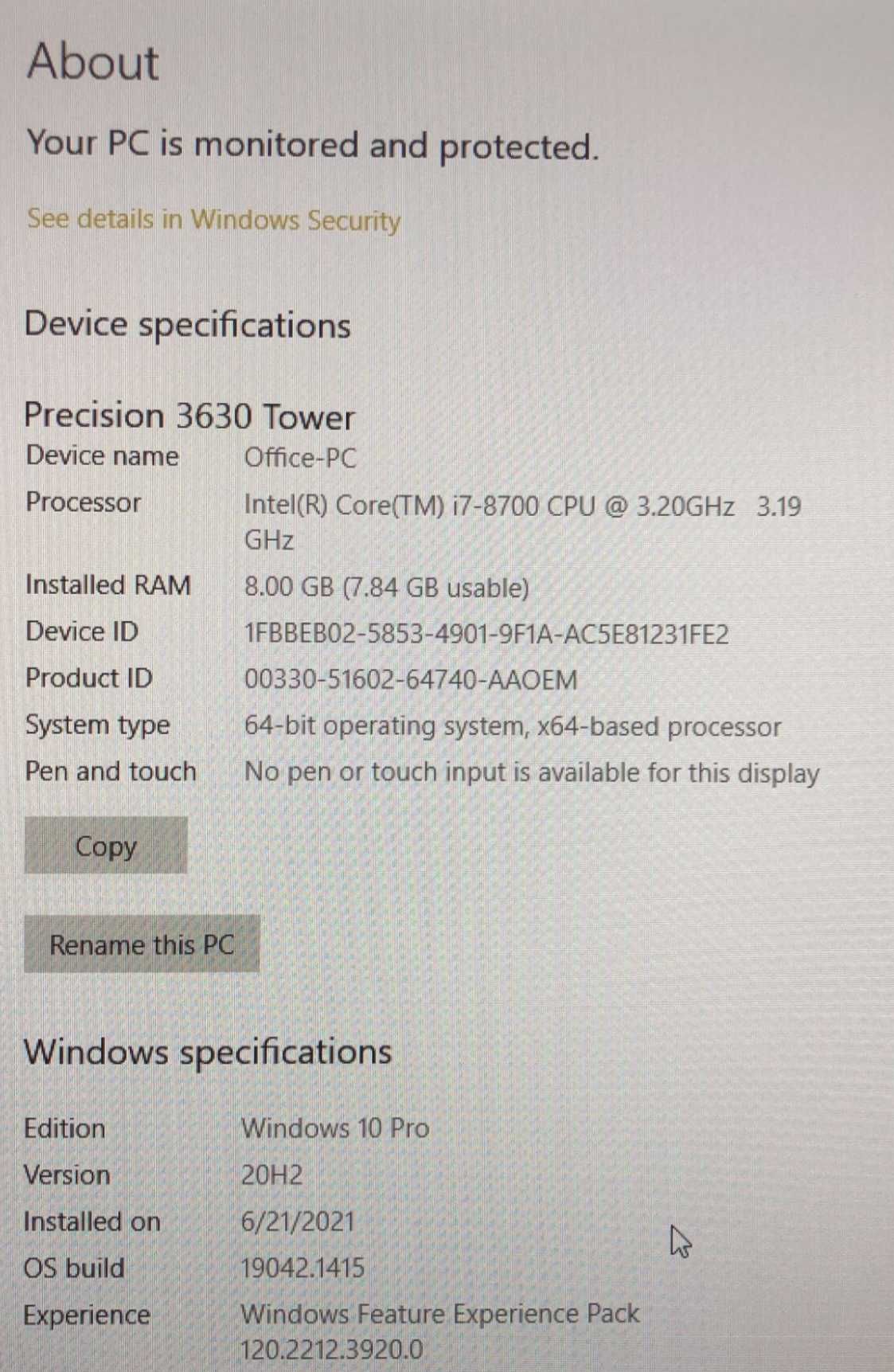 Computer Dell Precision 3630 Tower i7 8th Generation, 8GB RAM, 1TB HDD