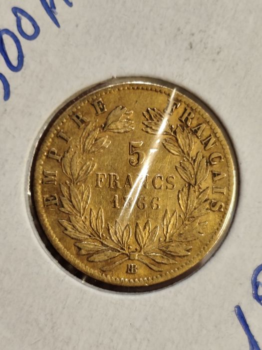 Златна монета 5 франка 1866 год, имп.Наполеон III ,1.61 гр,900/1000