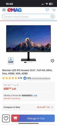 Monitor LED IPS Huawei 23.8'', Full HD, 60Hz, 5ms, HDMI, VGA, AD80