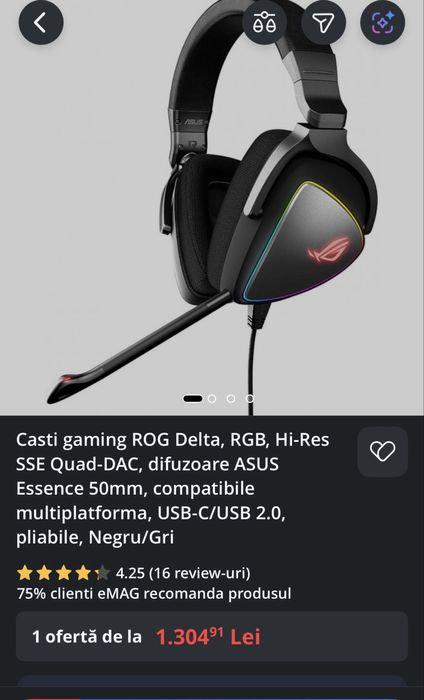 Vand / schimb Casti gaming Asus ROG Delta, RGB, Hi-Res