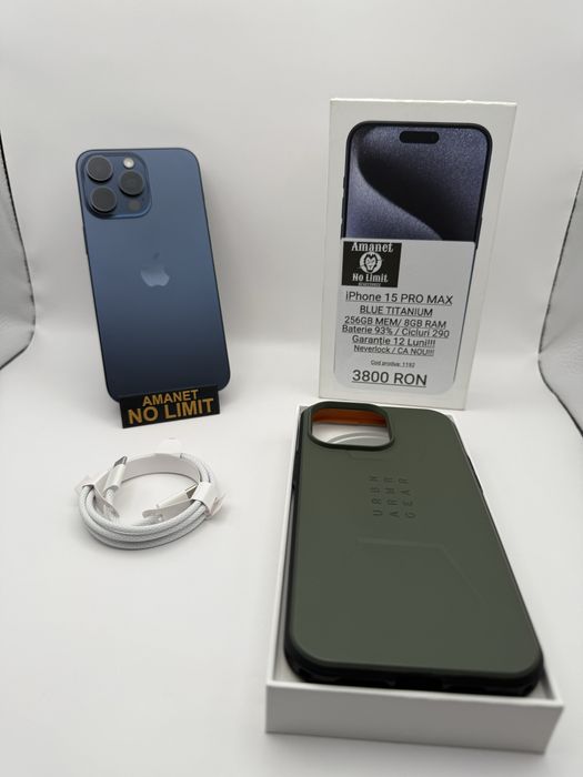 iPhone 15 Pro Max Titanium Blue 256GB Ca Nou,Garantie 1An Folie Cadou