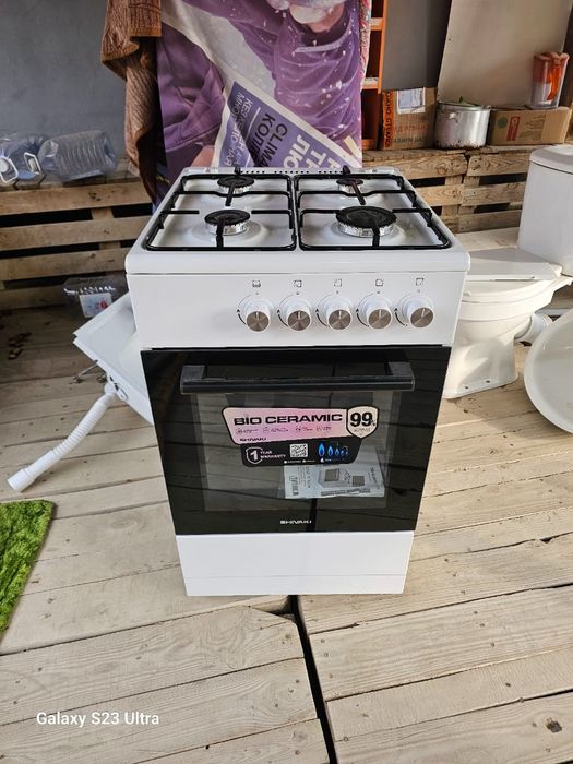 Газплита , ванна железная, унитаз, раквина.