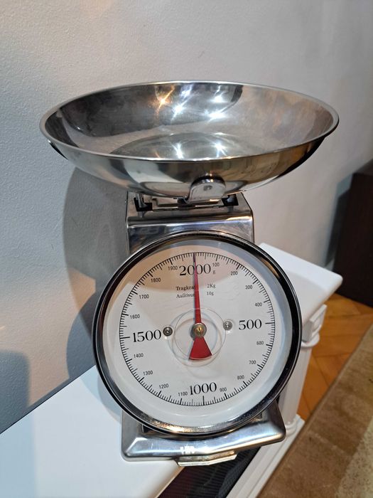 Cantar de bucatarie, mecanic, cu bol din otel inoxidabil. Vintage.