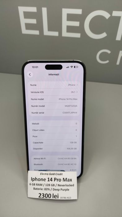 Iphone 14 Pro MAX 128GB Deep Purple/Neverlocked/Baterie:83% ID786-AG2