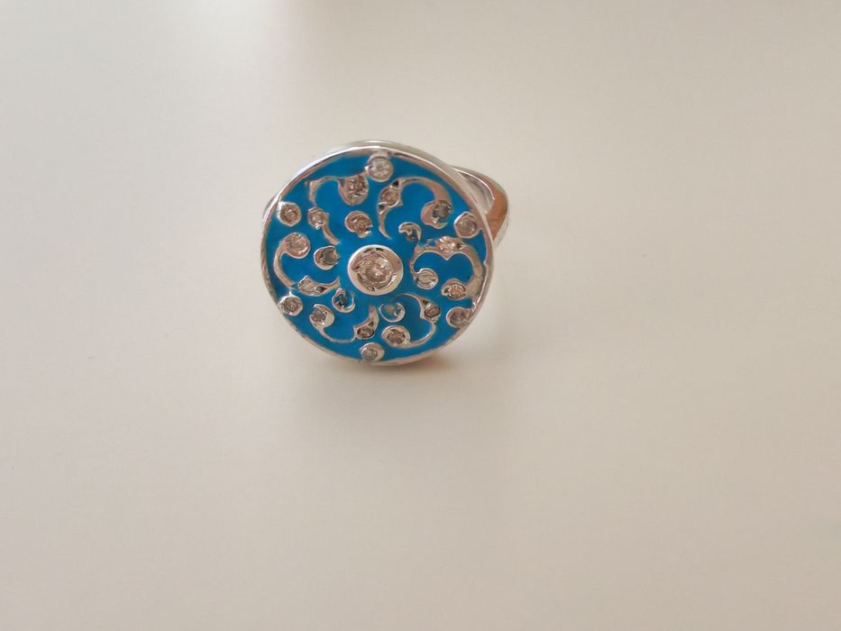 Inel Platină Handmade cu Email Albastru -Nou