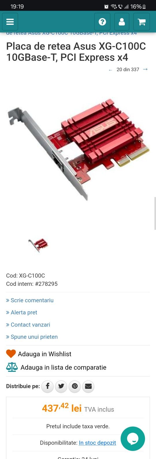 Placa de retea Asus XG-C100C 10GBase-T