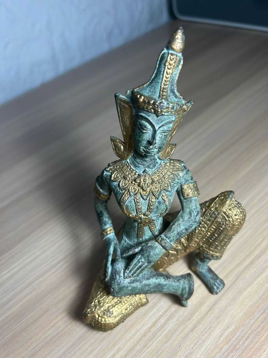 Statuetă Buddha Thai/bronz masiv patinat/bicolor/cântăreț/15,3cm.