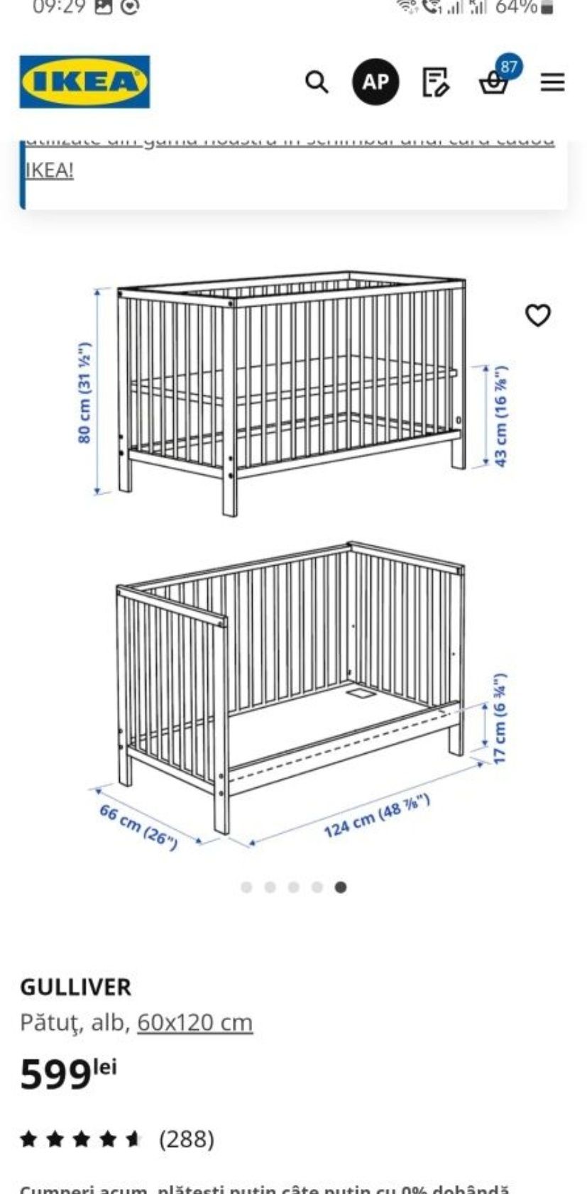 Patut copil, Ikea Guliver cu saltea și protecții in stare impecabila.