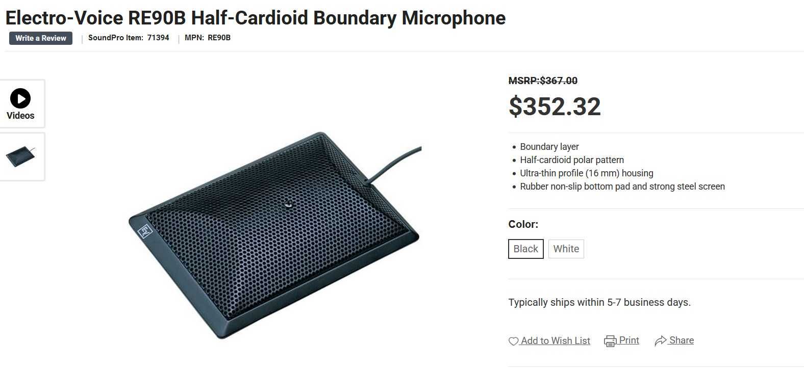 Microfon Electro-Voice RE90B Half-Cardioid Boundary