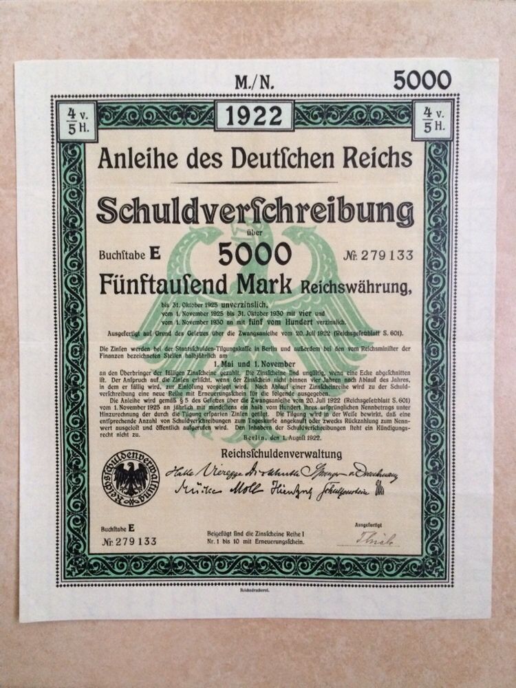 Облигации Anleihe des Deutsches Reich, Schuldverschreibung 5000 Mark