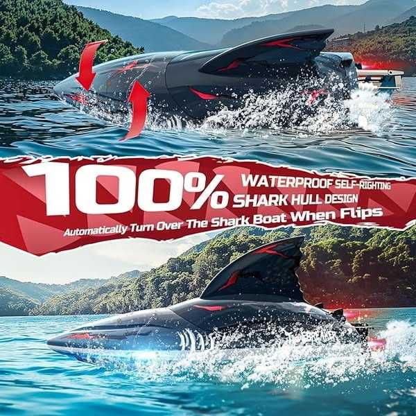 Bărci telecomandate DEERC, fără perii, model rechin, viteză 48 + km/h