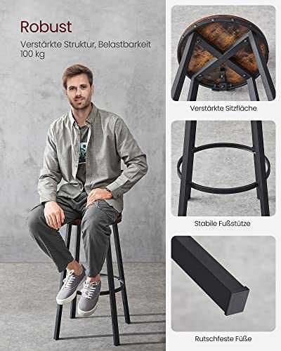 Set scaune de bar inalte cu spatar, otel, 73 cm, rustic maro si negru