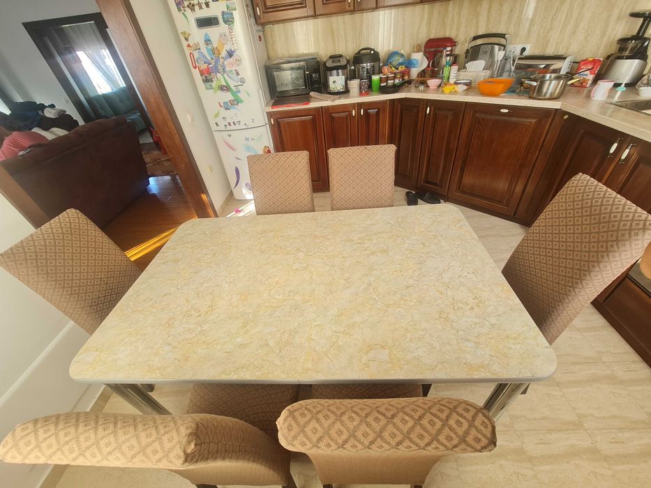 Set masa bucatarie living cu 6 scaune maro deschis 89cm x 146cm x 74cm