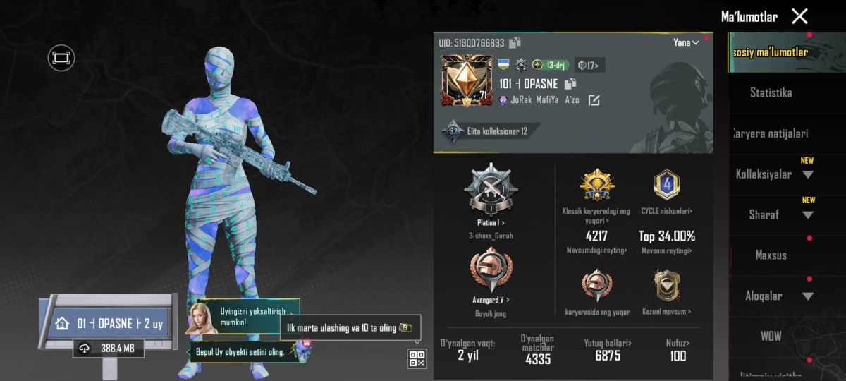 Pubg mobile akkount 
Lv:72
Ultimet mumiyo 
Flora x suvit 
Yangi x sive