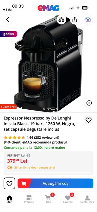 Espressor Nespresso by De’Longhi Inissia Blacki ,19 bari ,1260 W Negru
