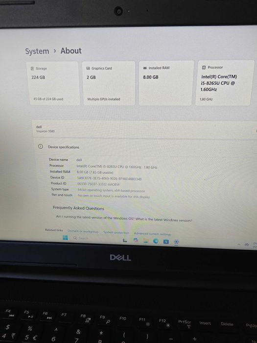 Laptop Dell i5-8265U CPU, 8 GB RAM 240 GB SSD, Win 11 Pro