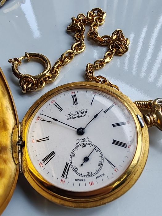 Ceas de buzunar Aero Watch Neuchatel Placat cu aur Mecanism Unitas