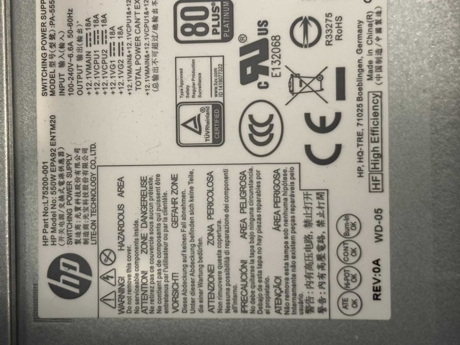 Sursa PC 550W L75200-001 HP Compatibil cu HP Z2 Z1 800 880 G4 G5 G6