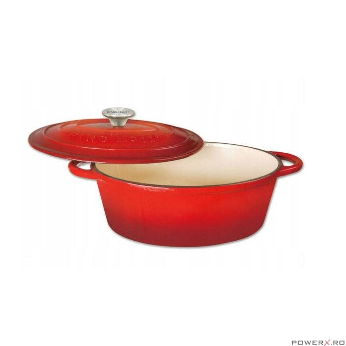 Oala din fonta emailata 6.2 litri, 33cm ovala, cratita cu capac, rosu,