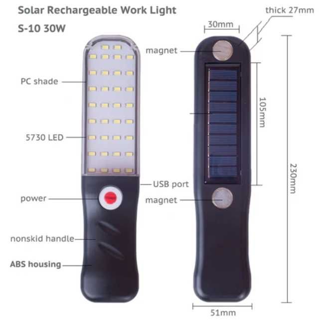 LED Работна лампа за сервиз, къмпинг със соларно зареждане и USB