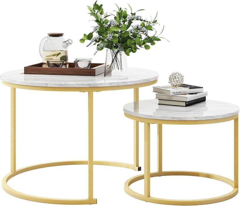 Set 2 masute rotunde de cafea cu efect de marmura, blat MDF