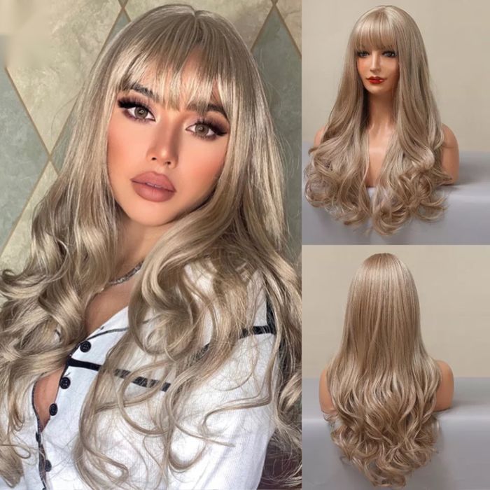 Peruca T21 blonda gri blond cenustiu breton lunga creata ondulata
